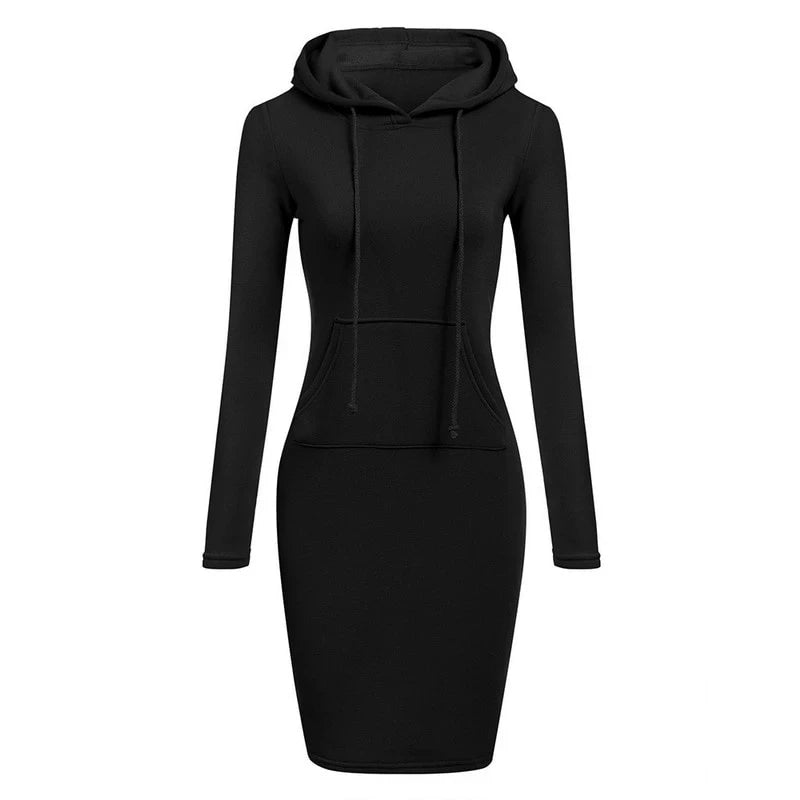 Abito casual da donna con cappuccio e tasche, al ginocchio