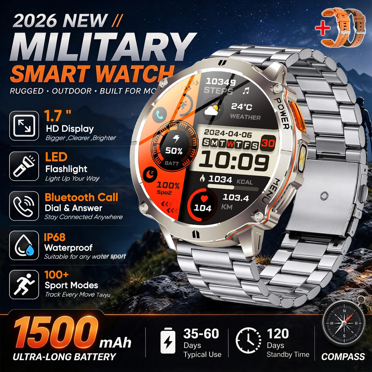 Military T-Rx6 Smartwatch,1.7'AMOLED Screen,150 Day Battery,IP68 Waterproof,Metal,120 Fitness Modes,Flashlight,For Men Women New