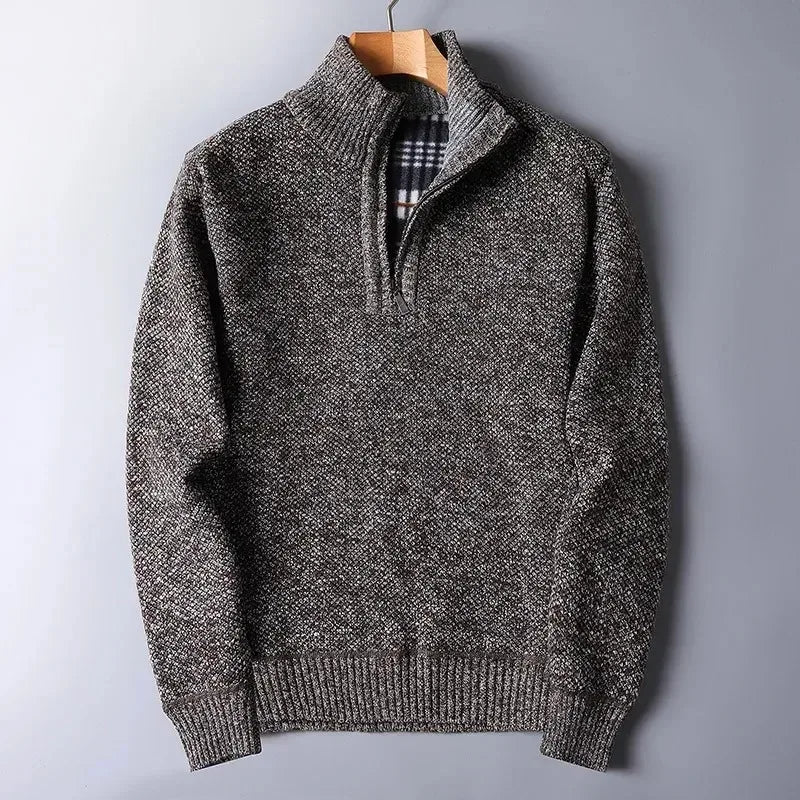 Autumn Winter Men's Sweater Padded Thickened Mock Neck Half Zipper Solid Color Warm Casual Pullovers Male Trendy Knitwear