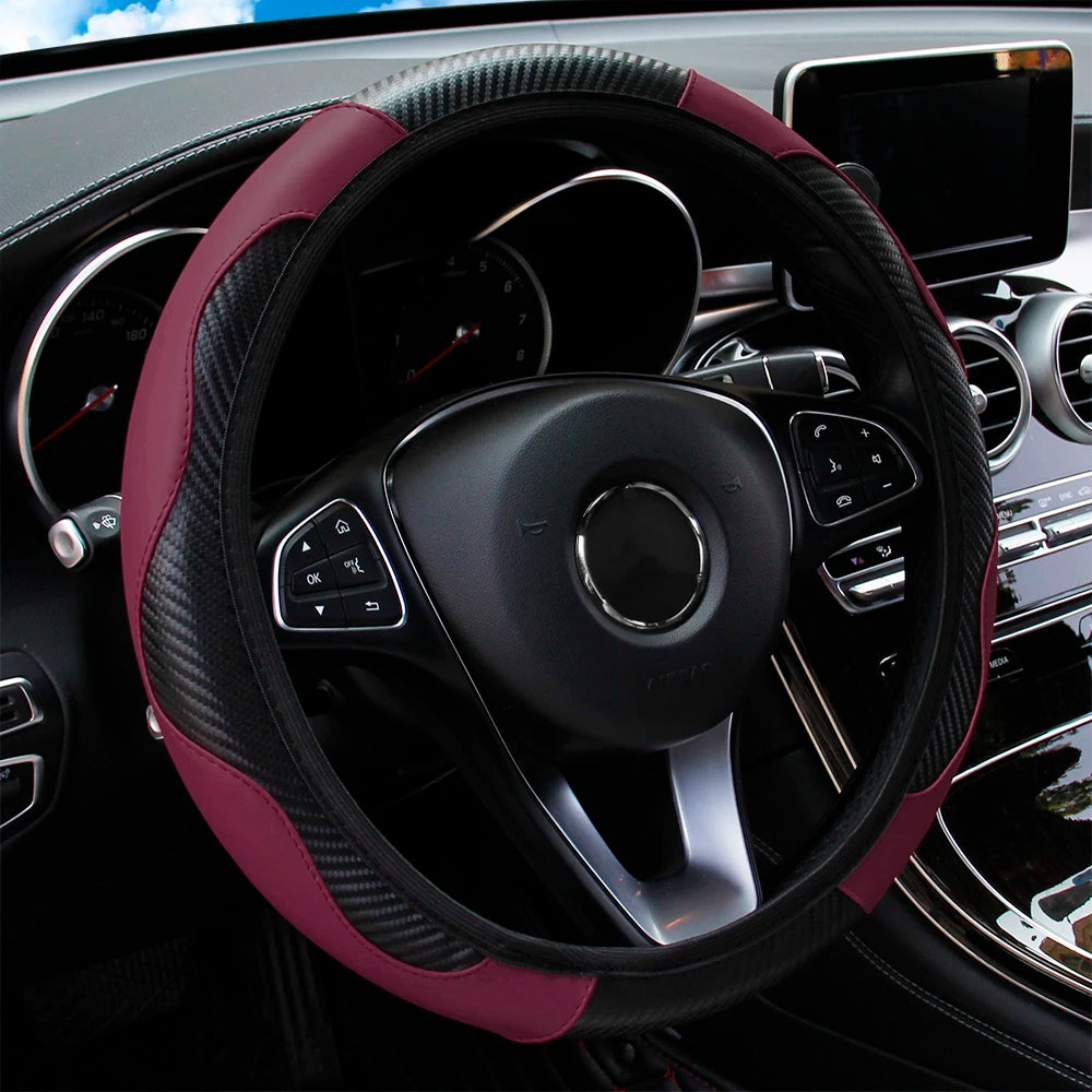 PU Carbon Fiber Leather Steering Wheel Cover Without Inner Ring, Suitable for 14.5–15-Inch Steering Wheels
