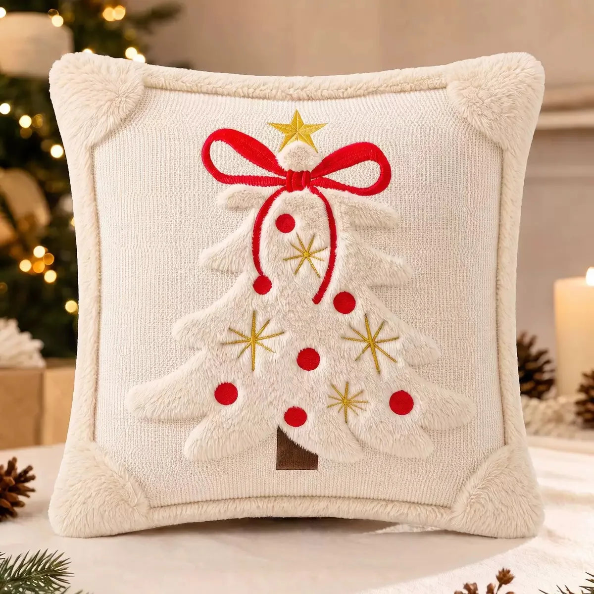 3D Christmas Tree Throw Pillow Covers Faux Plush Embroidered Xmas Tree Pattern Cushion Covers Sofa Couch Home Decor