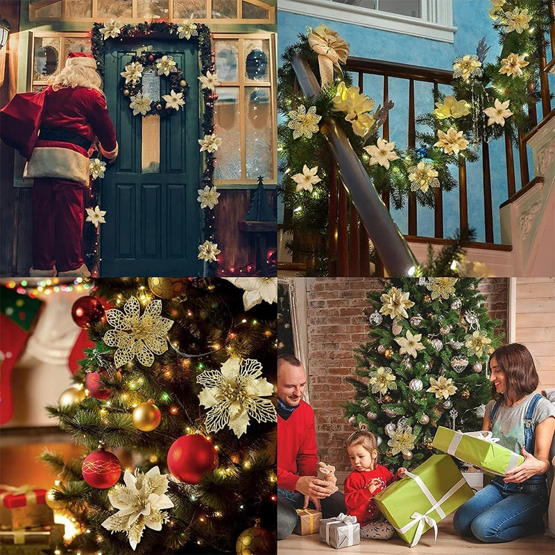 8/16Pcs Christmas Decorations Glitter Artifical Flowers Christmas Tree Ornaments for Home Decor Fake Flower Xmas New Year Gifts