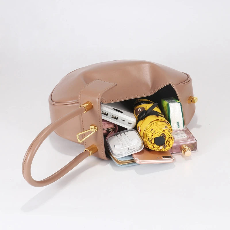 HIFASHION Small Genuine Leather Single Top Handle Bag Women Elegant Going Out Evening Party Pouch Purses Round Luxury Handbags