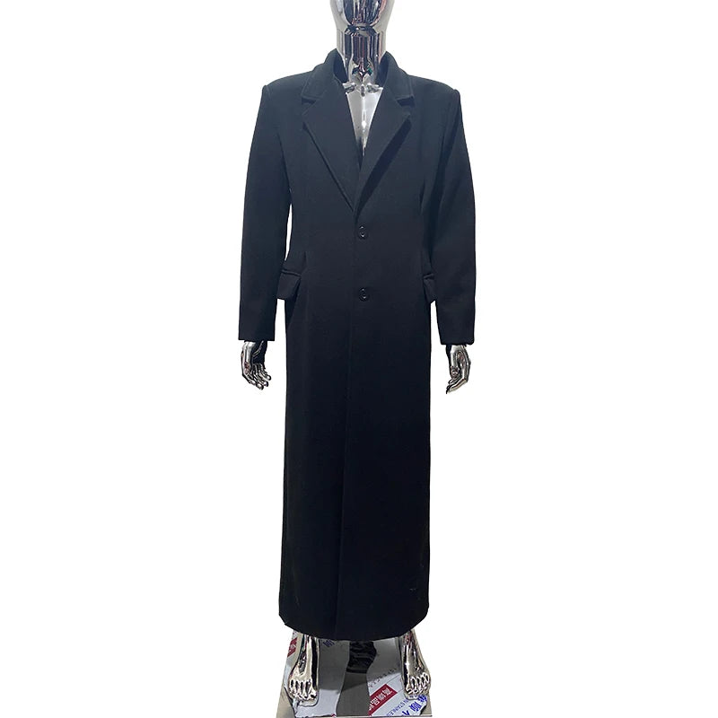 Nerazzurri Autumn Winter Extra Long Luxury Elegant Black Soft Warm Woolen Coat for Men Single Breasted Wool & Blends Overcoat