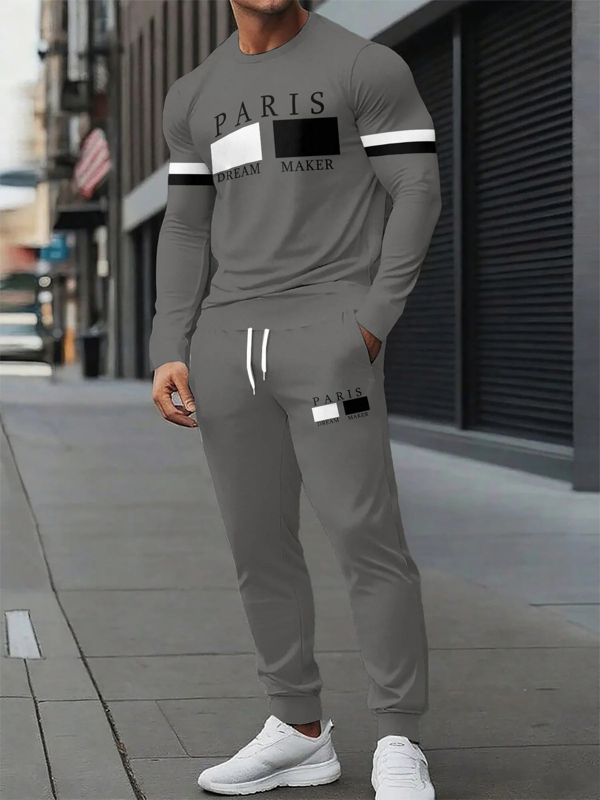 Men's Two-Piece Set Autumn 2026 New Arrival Black White Tie-Dye Panel Print Stylish Crew Neck Sporty Trendy Streetwear Style
