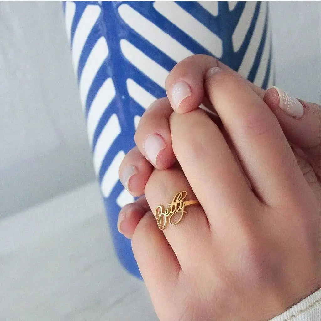 Custom Name Rings for Women and Men, Personalized Adjustable Name Ring in Gold-Plated Stainless Steel, Christmas Jewelry Gift