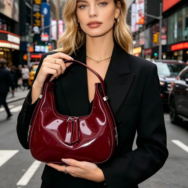 2026 New Patent Leather Hobo Bag for Women Shiny Minimalist Underarm Shoulder Bag Trendy Versatile Handbag Daily Commute Dating