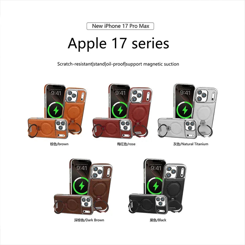 Luxury Leather Phone Case For Apple iPhone 12 13 14 15 16 17 18 Pro Max Plus Wireless Charging Magnetic Ring Kickstand Cover