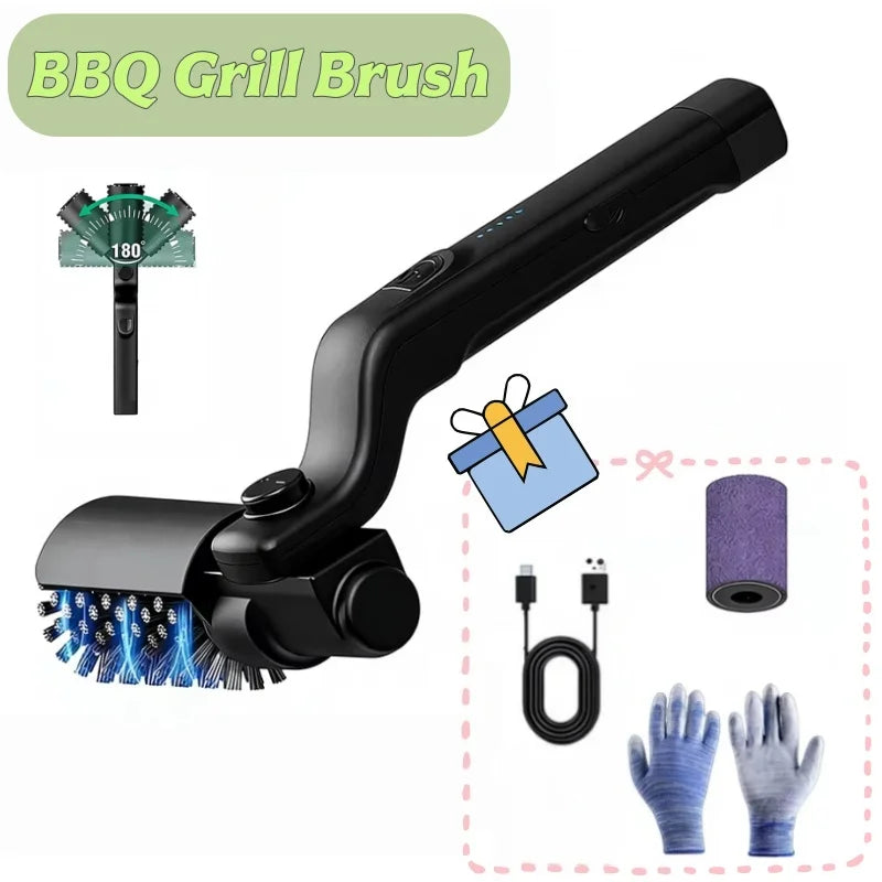 BBQ-Grillbürste mit 3 Geschwindigkeitsstufen, elektrische Grillbürste mit um 180° verstellbarem Kopf, 90 Minuten Laufzeit, für Outdoor-Grills und Smoker