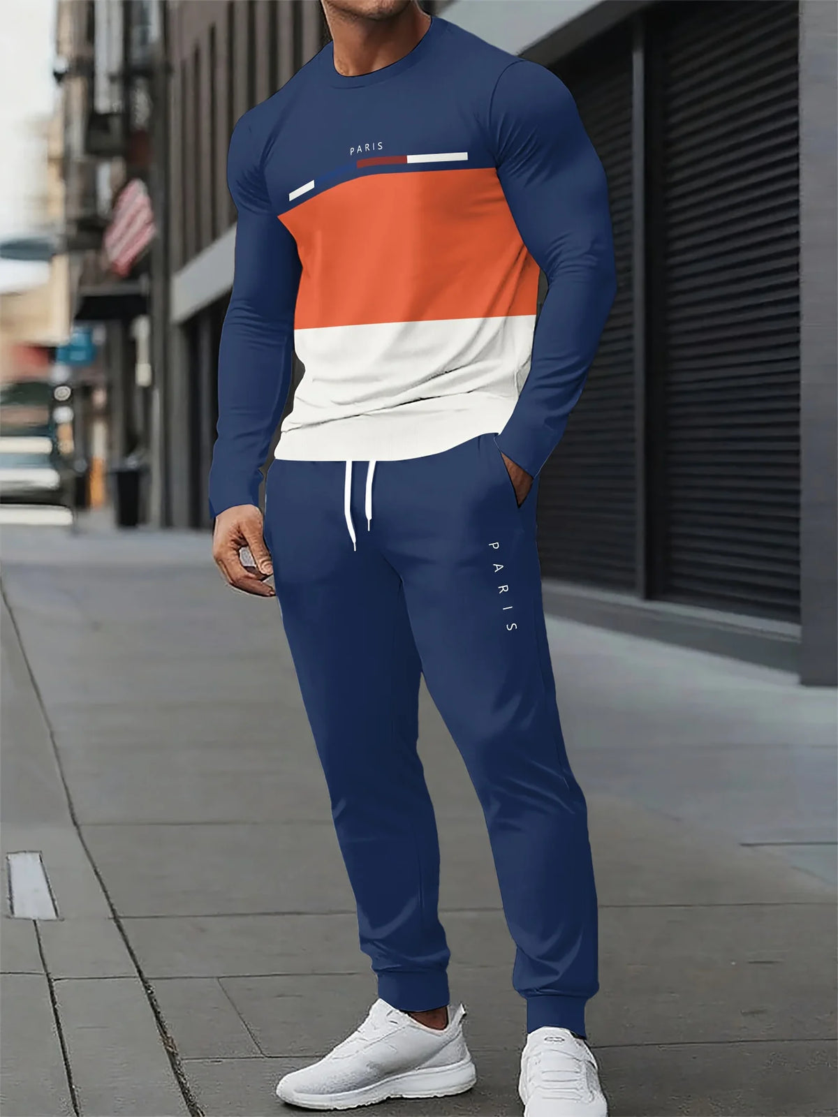 Men's Two-Piece Set Autumn 2026 New Arrival Black White Tie-Dye Panel Print Stylish Crew Neck Sporty Trendy Streetwear Style