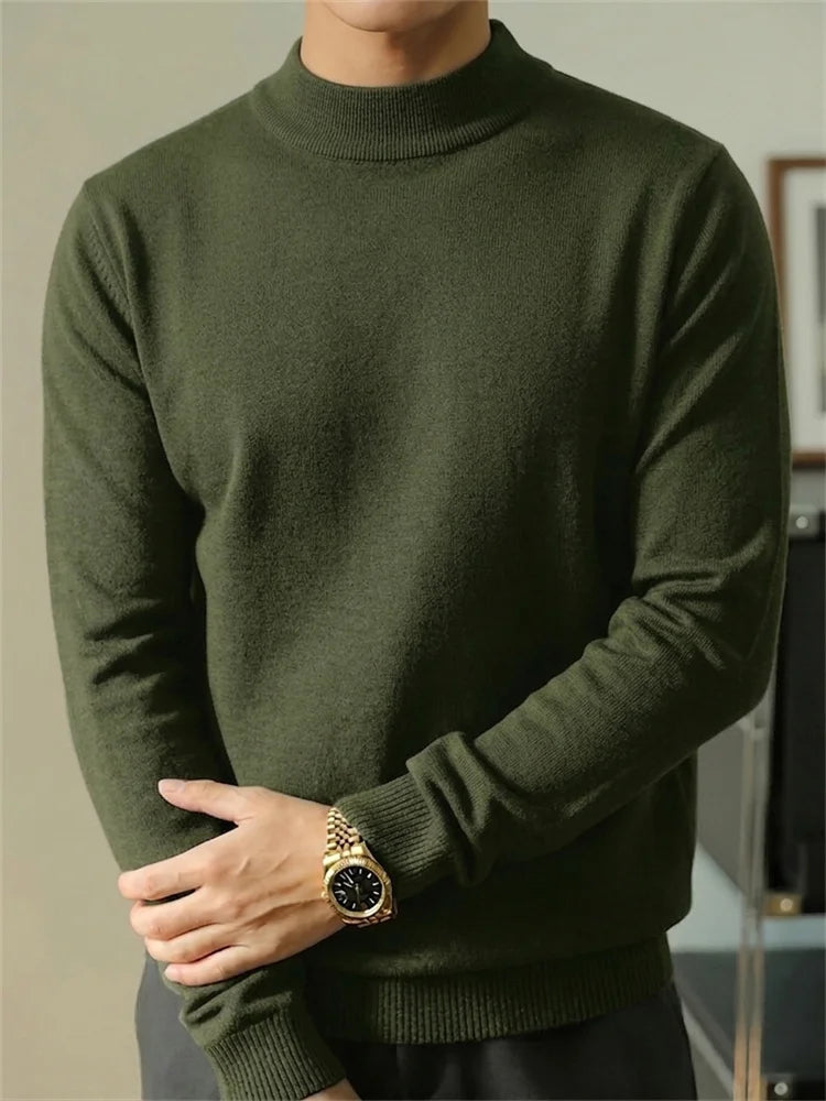 Autumn Men's Sweater Slim Fit Long Sleeve Mock Neck Casual Warm Knitwear Solid Color Fashion Simple Style Knitted Pullovers