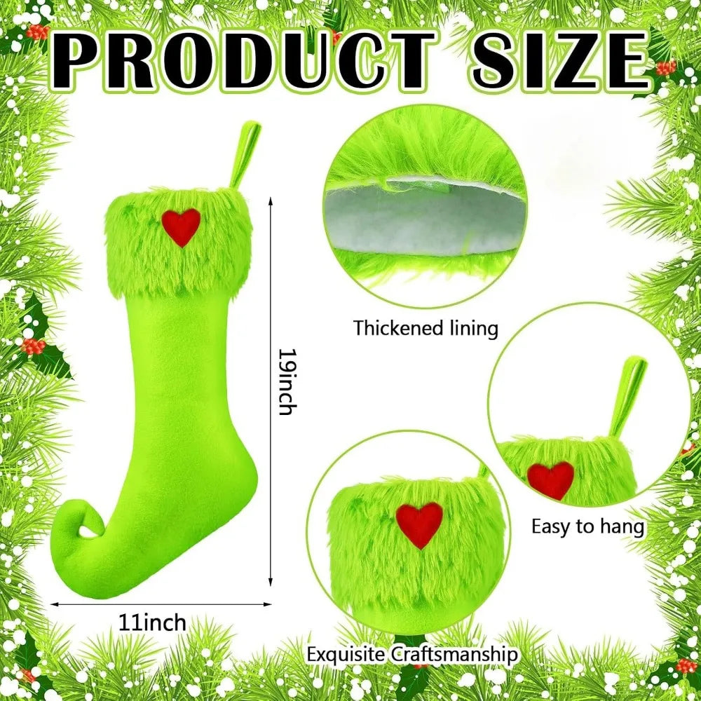 1/2/4Pcs Lime Green Elf Christmas Stockings, Faux Fur Red Heart Xmas Candy Treat Bag Fireplace Mantel Holiday Decor