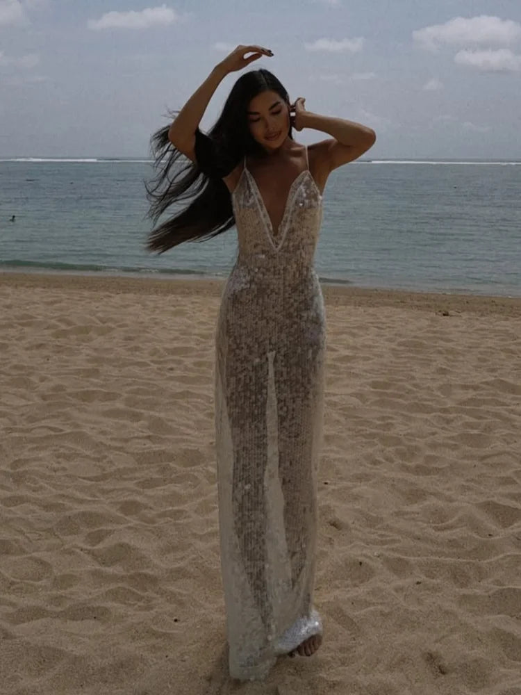 Sequin Spaghetti Strap Transparent Dress Women Sexy Deep Lace V-neck Bodycon Beach Party Dresses 2025 Chic Elegant Vacation Gown
