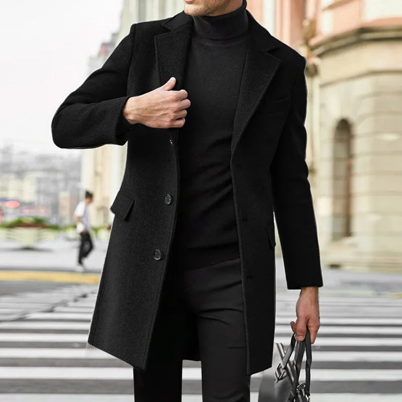Autumn Winter Men's Business Casual Coats Turn Down Collar Long Woolen Outwear Male England Style Single Breasted Trench Coat