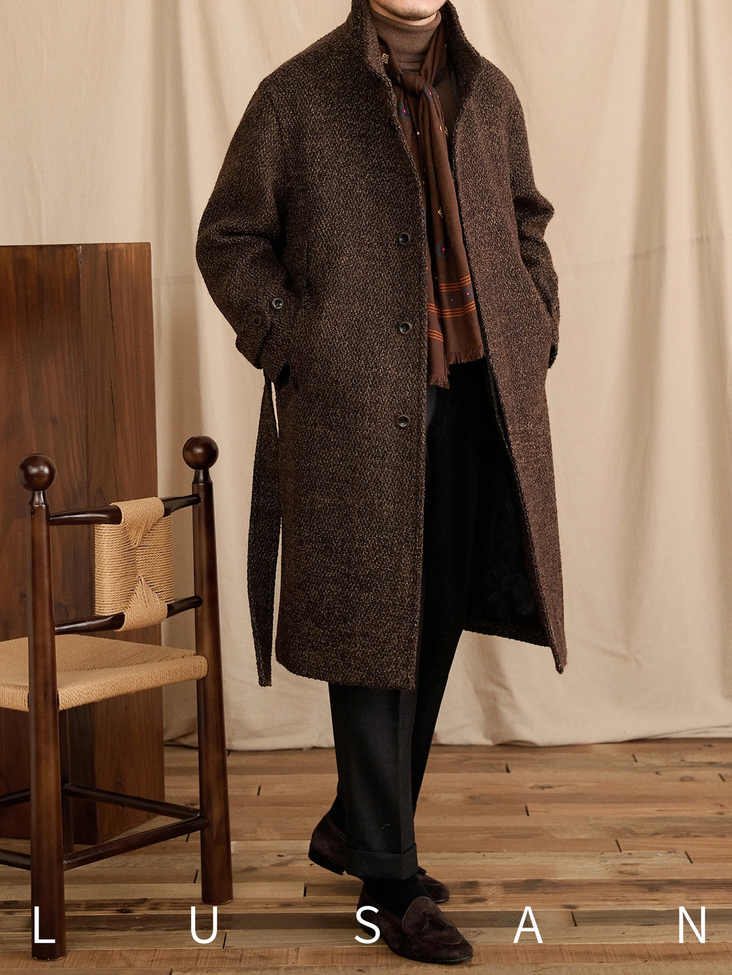 Men's Winter Warm Stand-Up Collar Long Coat 70% Wool Mid-Length Loop Commuting Coat for Business Casual