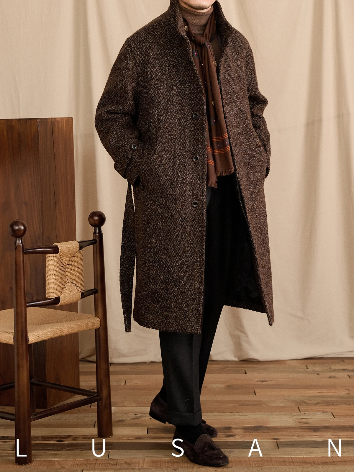 Men's Winter Warm Stand-Up Collar Long Coat 70% Wool Mid-Length Loop Commuting Coat for Business Casual