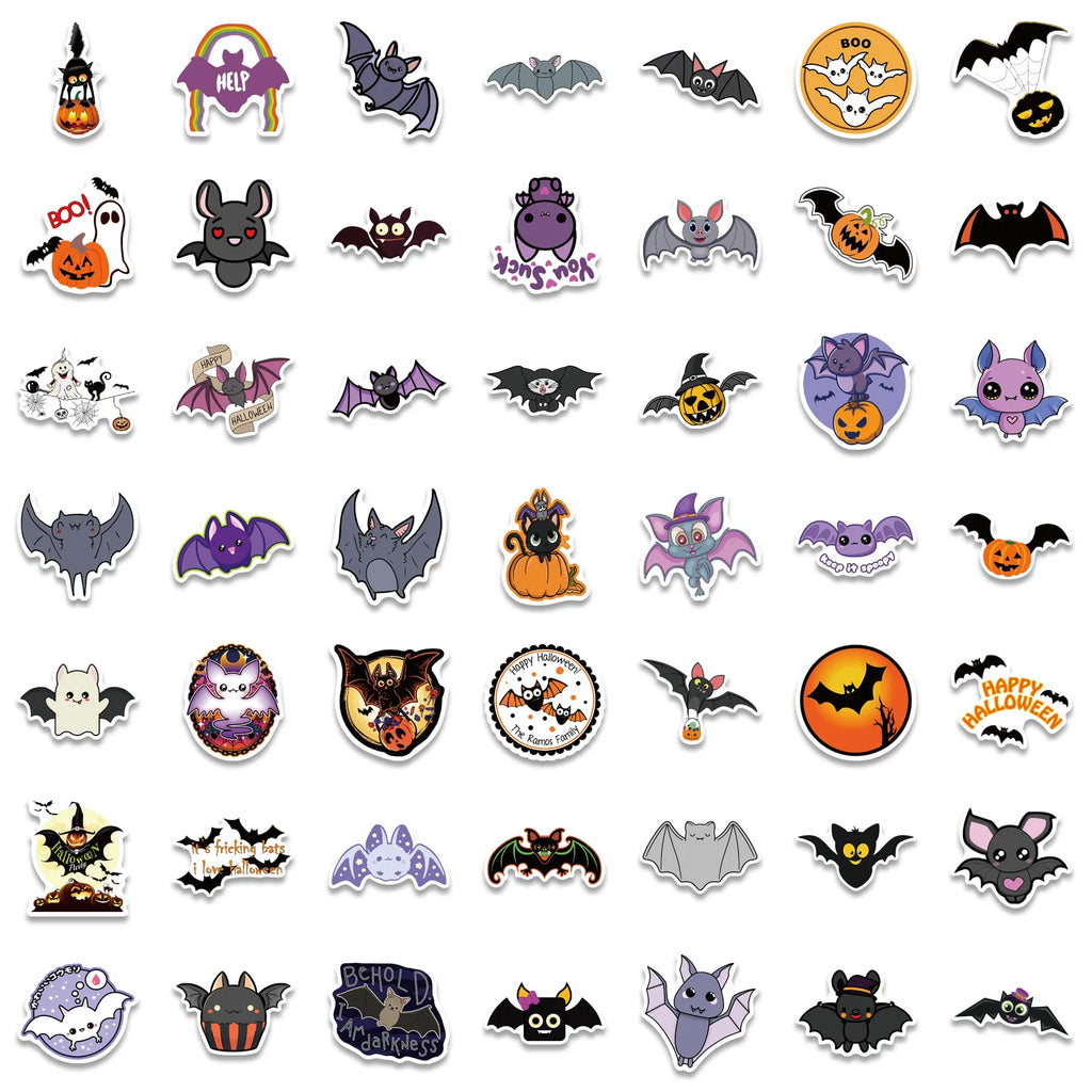 50/100 Uds. Pegatinas de murciélago morado de Halloween, estilo urbano para portátil, elementos de feliz Halloween, pegatinas de moda Harajuku para pared, bar y sala de estar