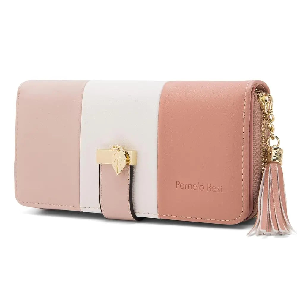 Pomelo Best 2026 Women RFID Wallet Color Block PU Clutch Multi Card Slots Phone Compartment Zipper Ladies Travel Coin Purse