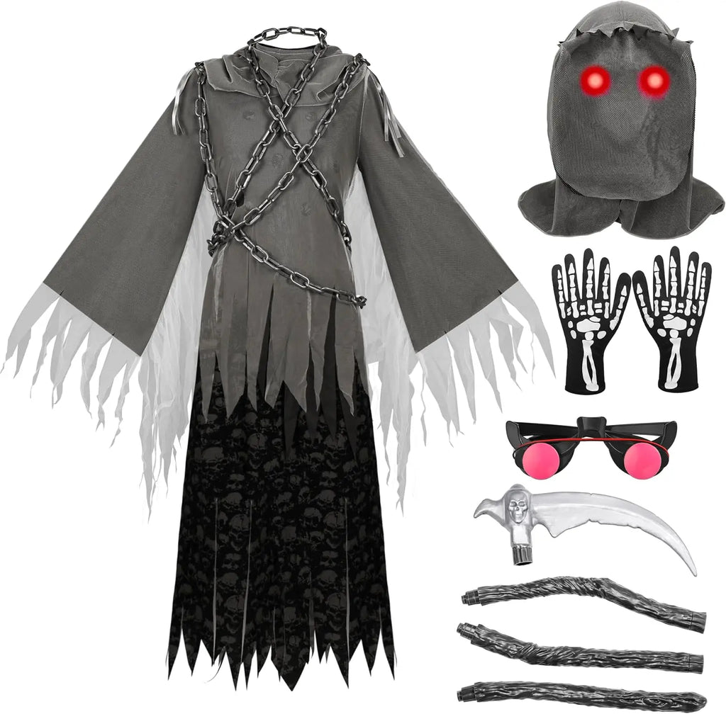 Sloosh Creations Child Unisex Grim Reaper Costume, Halloween Costume with Glowing Red Eyes for Kids Trick-or-Treating