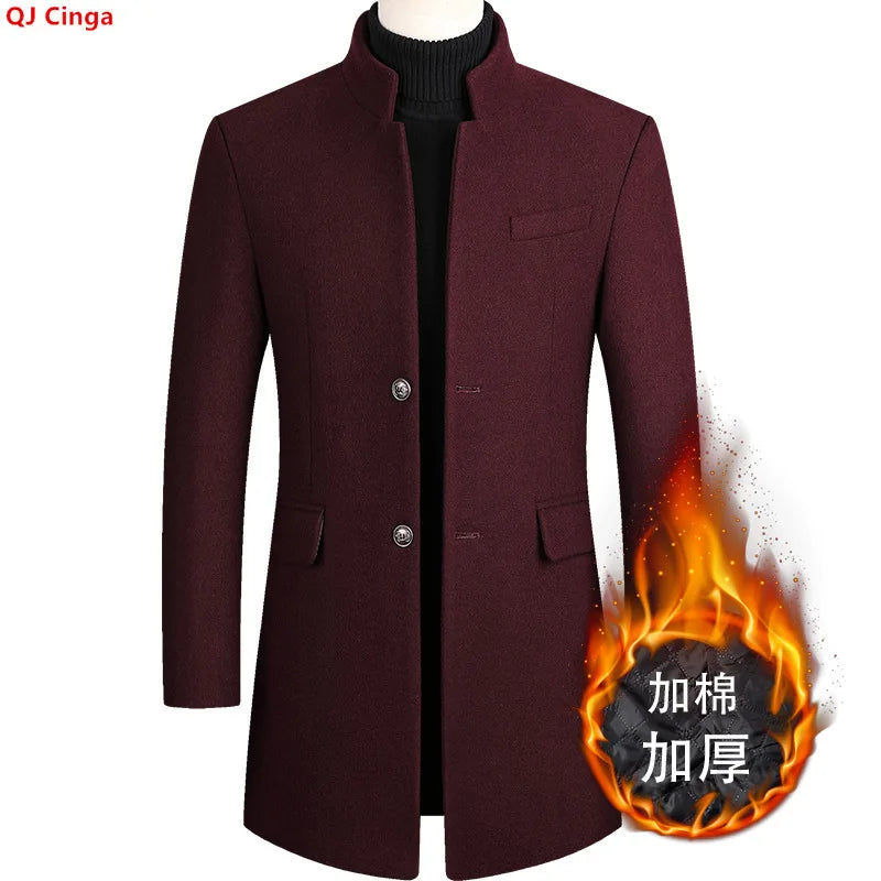 Men's Winter Wool Trench Coats—long, Warm Jackets for Business and Casual Wear, Available in Burgundy, Gray, Blue, and Black.