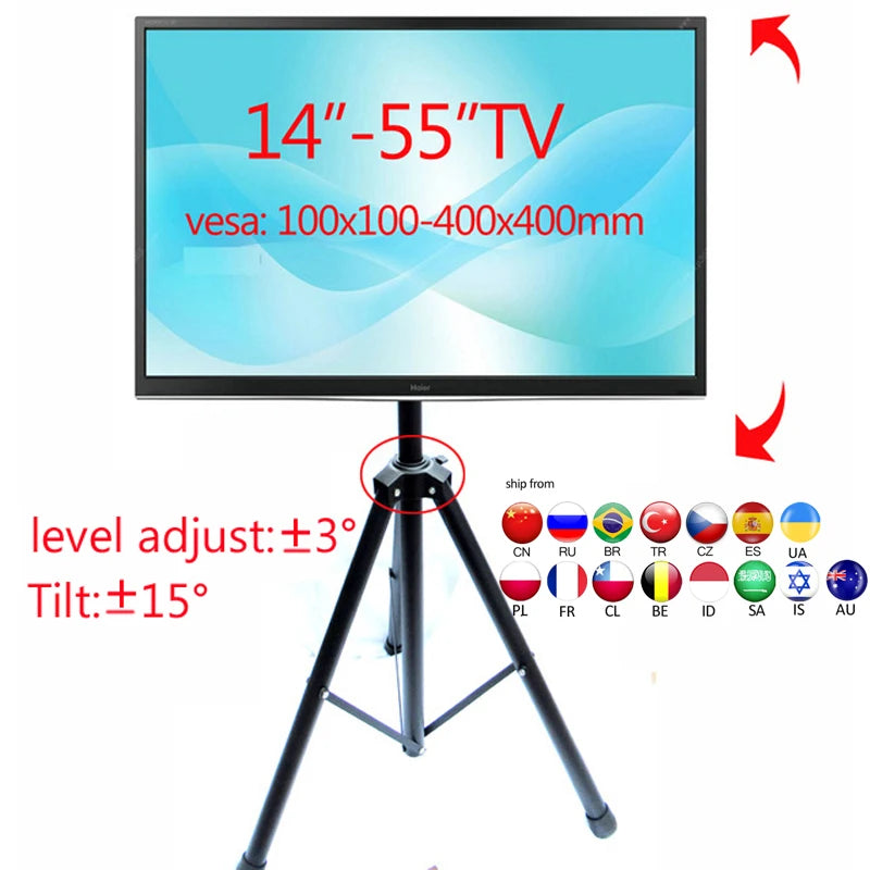 DLS-12MT Nouveau trépied de sol universel réglable en hauteur de 14'-55', capacité 50kg, support inclinable pour TV LCD, VESA 400x400 300x300, chariot pour écran