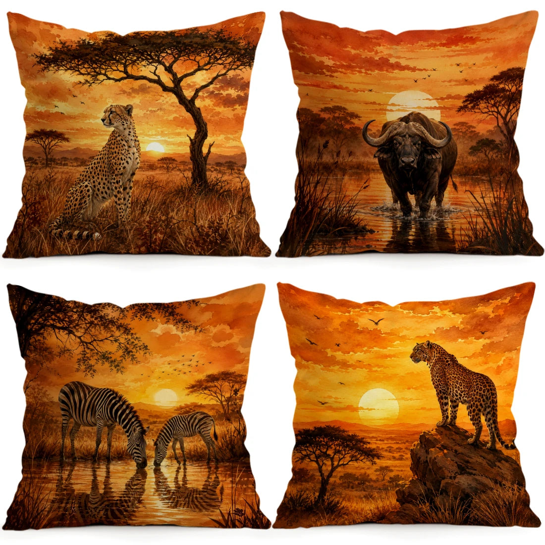 1/4 Stück afrikanische Graslandtiere Kissenbezug aus Polyester, Dekokissenbezug für Zuhause, Auto und Sofa
