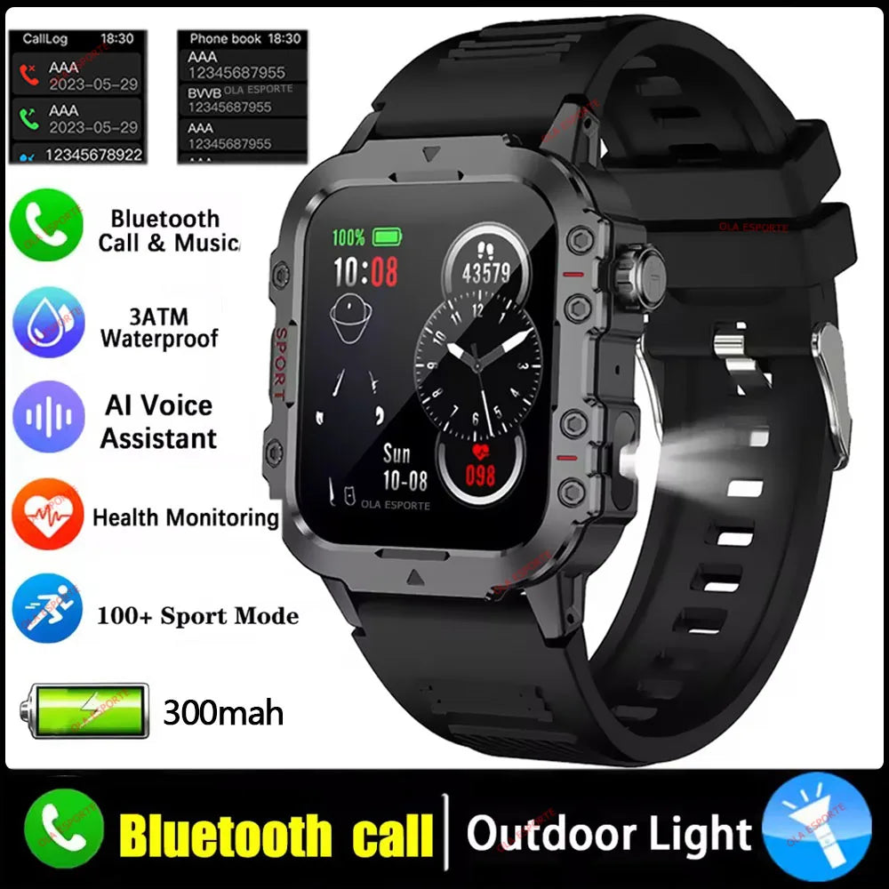 2026 Military Outdoor Smart Watch Men's GPS Flashlight Bluetooth Call 2.01" AMOLED Screen 3ATM Waterproof Sports Smartwatch Ht30