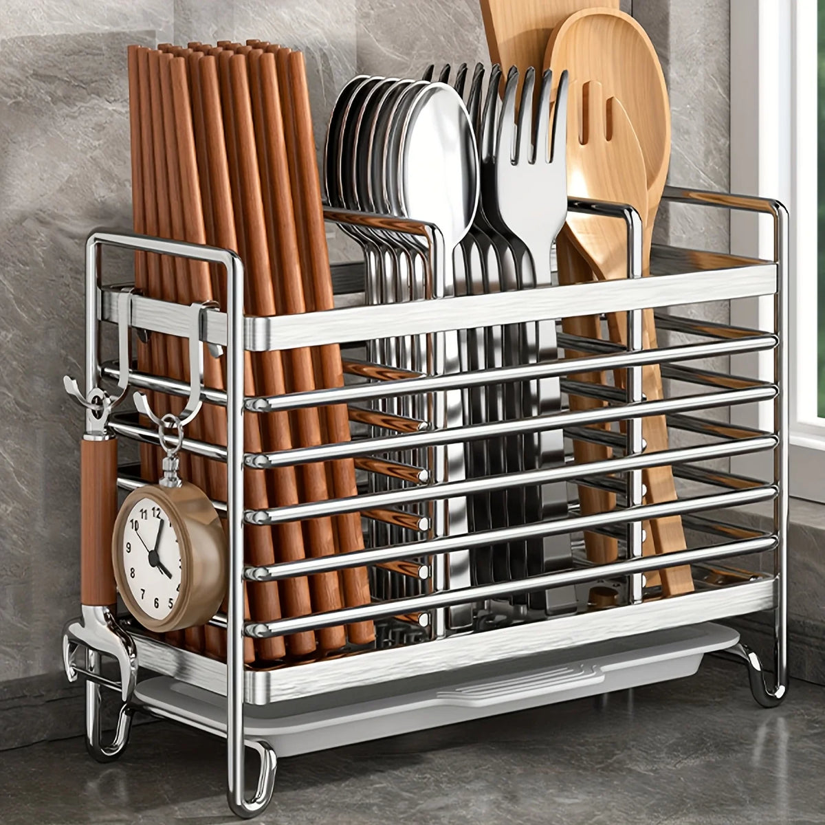 Organizador de utensilios de pared sin taladrar. Organizador de acero inoxidable que ahorra espacio para cubiertos de cocina, ideal para espacios pequeños.