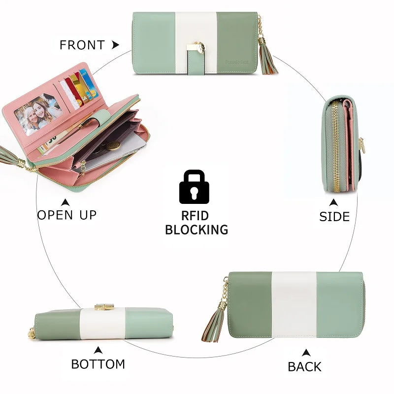 Pomelo Best 2026 Women RFID Wallet Color Block PU Clutch Multi Card Slots Phone Compartment Zipper Ladies Travel Coin Purse