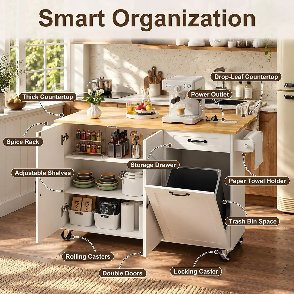 Kitchen Island Cart with Storage & Trash Bin, Mobile Kitchen Trolley on Wheels, Customized