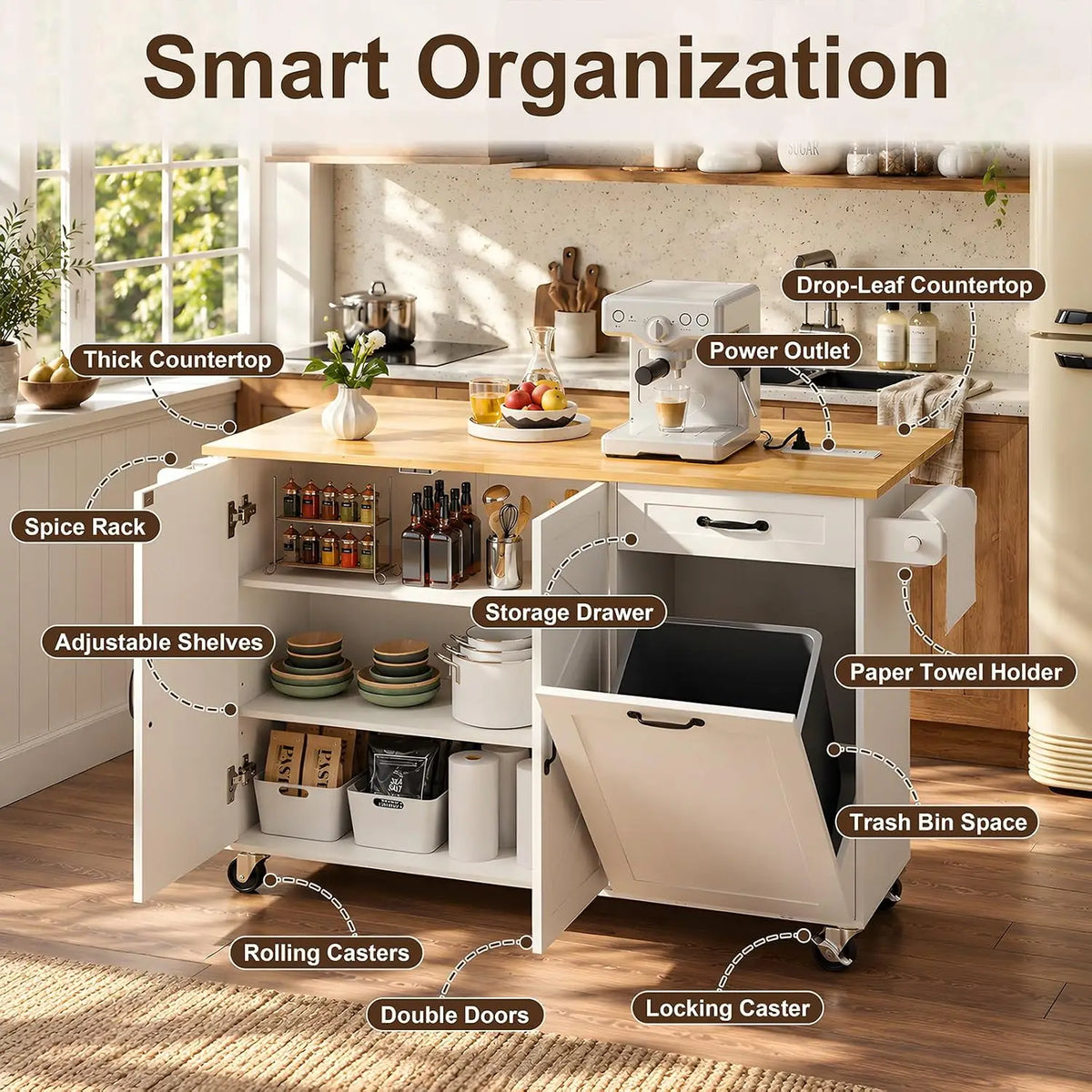 Kitchen Island Cart with Storage & Trash Bin, Mobile Kitchen Trolley on Wheels, Customized