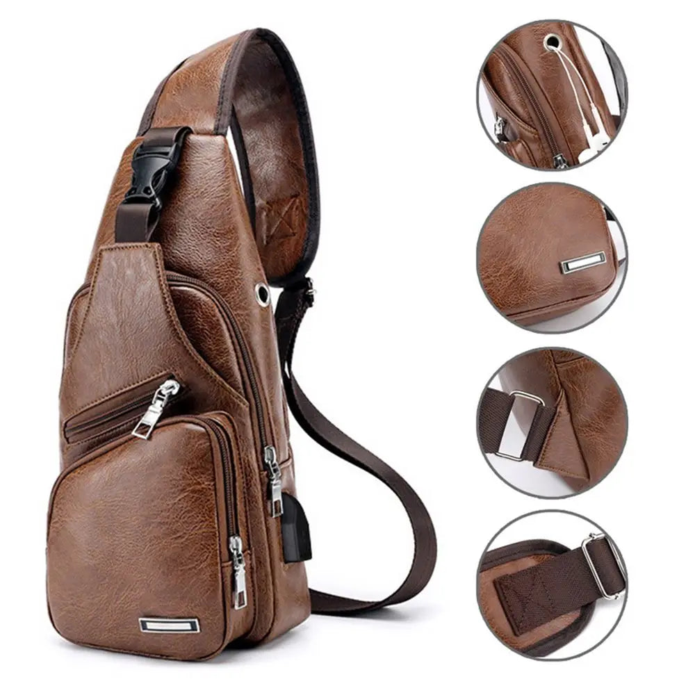 Men’s PU Shoulder Bag with USB Port Detail