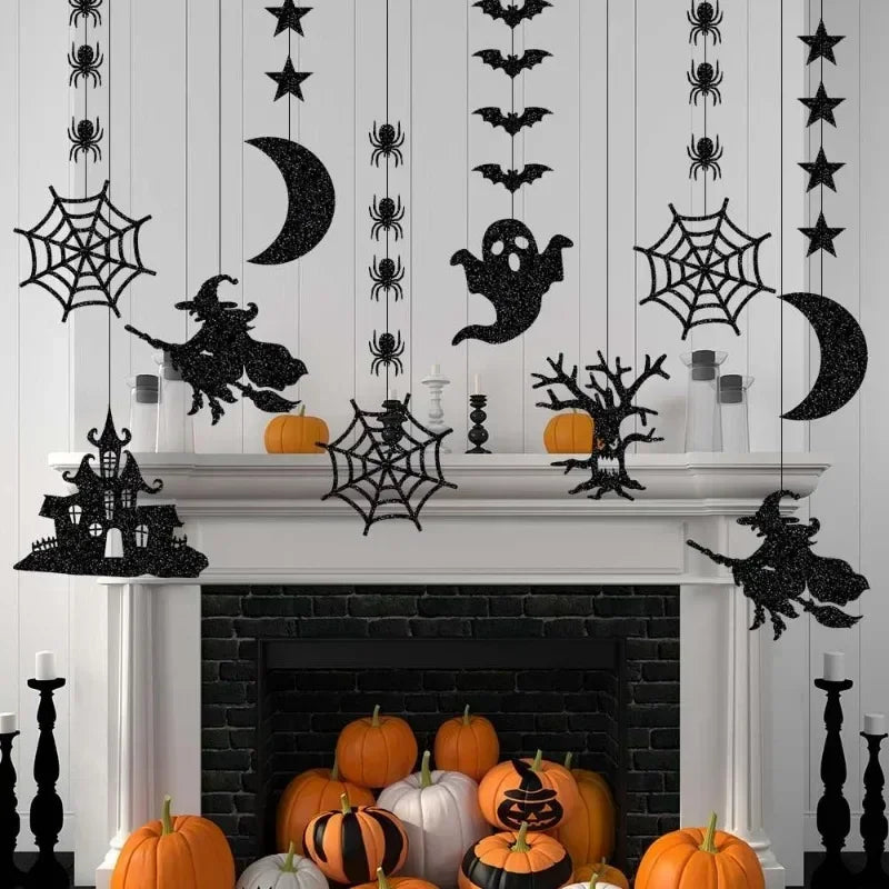 Lot de 6 guirlandes suspendues d’Halloween avec araignées effrayantes, sorcières, fantômes et chauves-souris, décorations pour une joyeuse fête d’Halloween à la maison