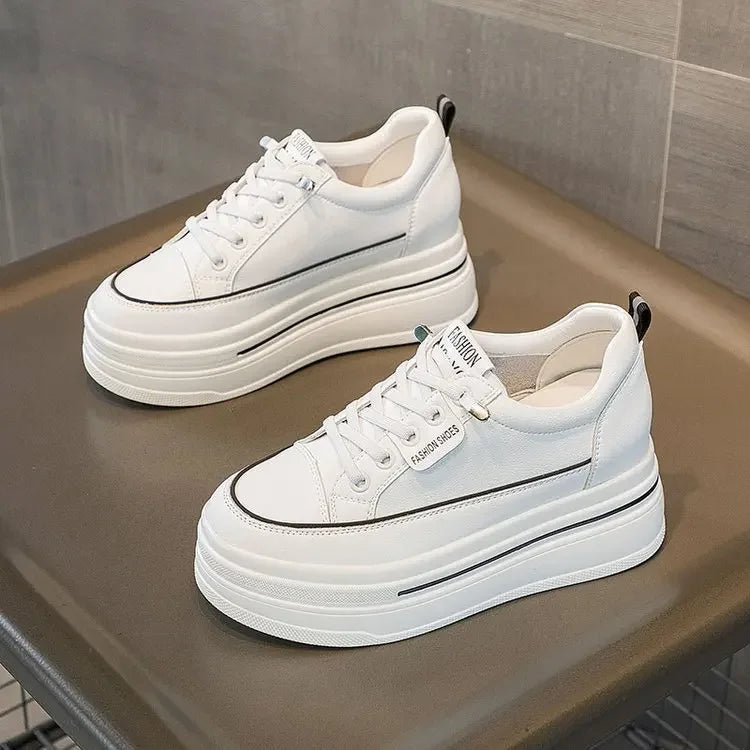 Zapatillas casuales para mujer con plataforma que aumenta la altura, cordones, suela vulcanizada, piel transpirable y cómodas