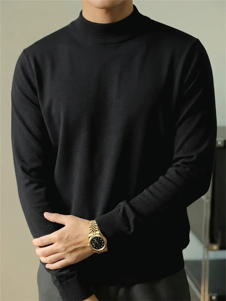 Autumn Men's Sweater Slim Fit Long Sleeve Mock Neck Casual Warm Knitwear Solid Color Fashion Simple Style Knitted Pullovers