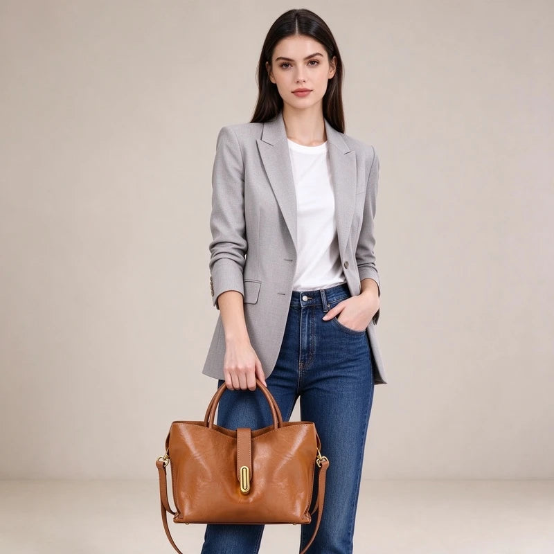 New Women's Genuine Cowhide Leather Large Capacity Top Handle Handbag Trapezoid Satchel Commute Ladies Elegant 2026 Tote Purse