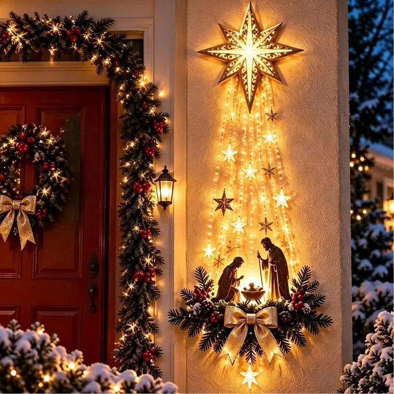 Decoración navideña de Belén* Estrella de la Fe* Adorno luminoso de nacimiento para pared Adorno colgante de Navidad resplandeciente Luces LED Decoración de interior Fiesta