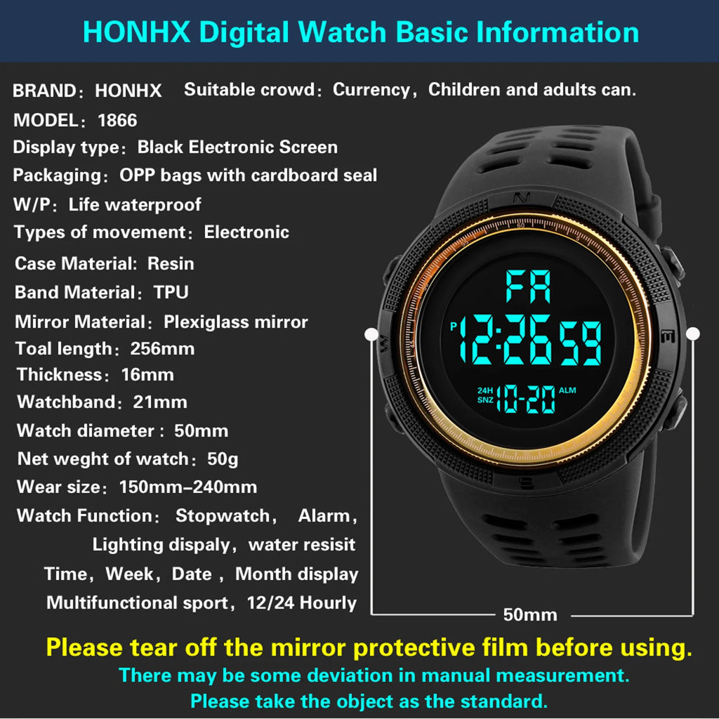 Montre de sport numérique pour homme étanche décontractée lumineuse avec chronomètre alarme montre militaire simple pour la course l'escalade la pêche