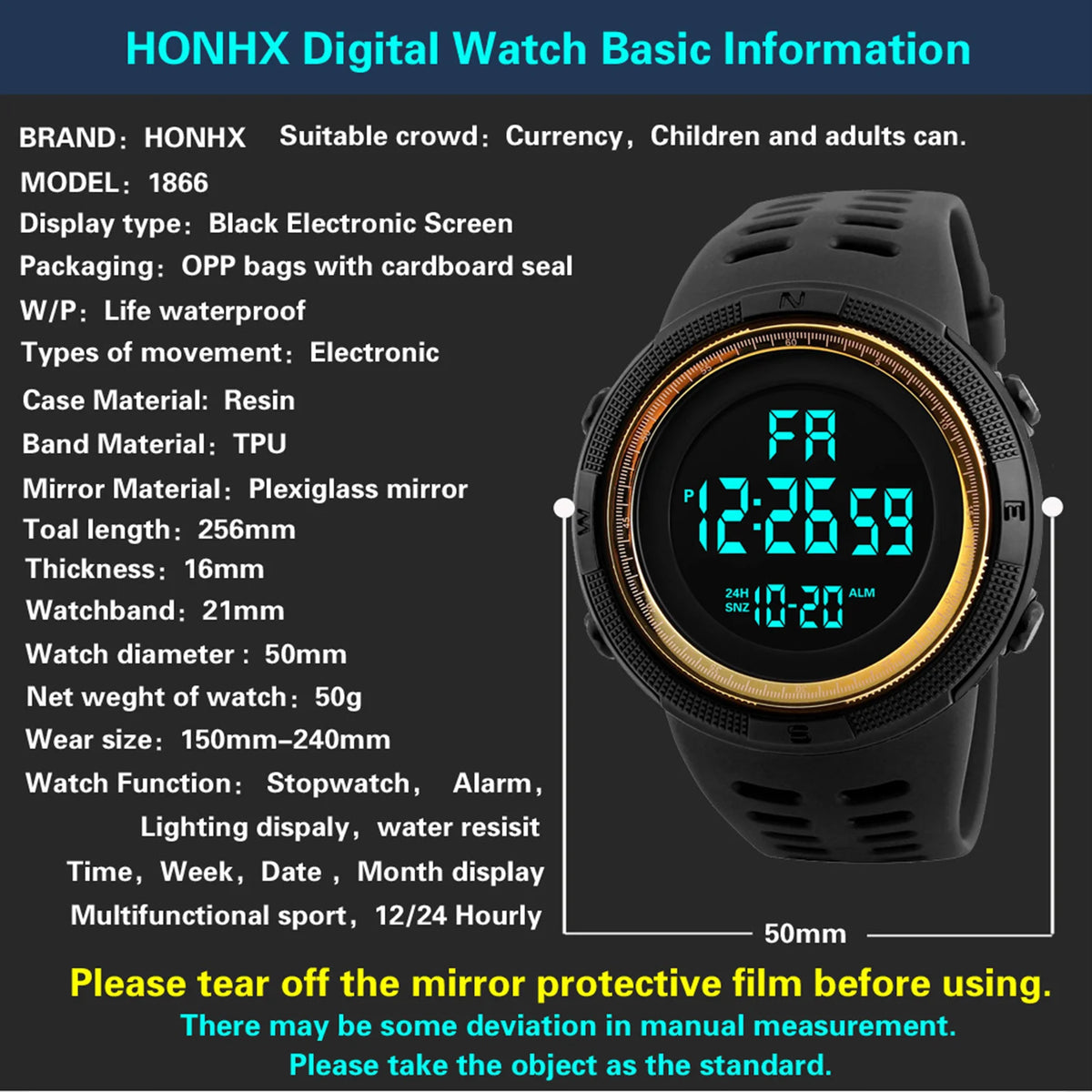 Montre de sport numérique pour homme étanche décontractée lumineuse avec chronomètre alarme montre militaire simple pour la course l'escalade la pêche
