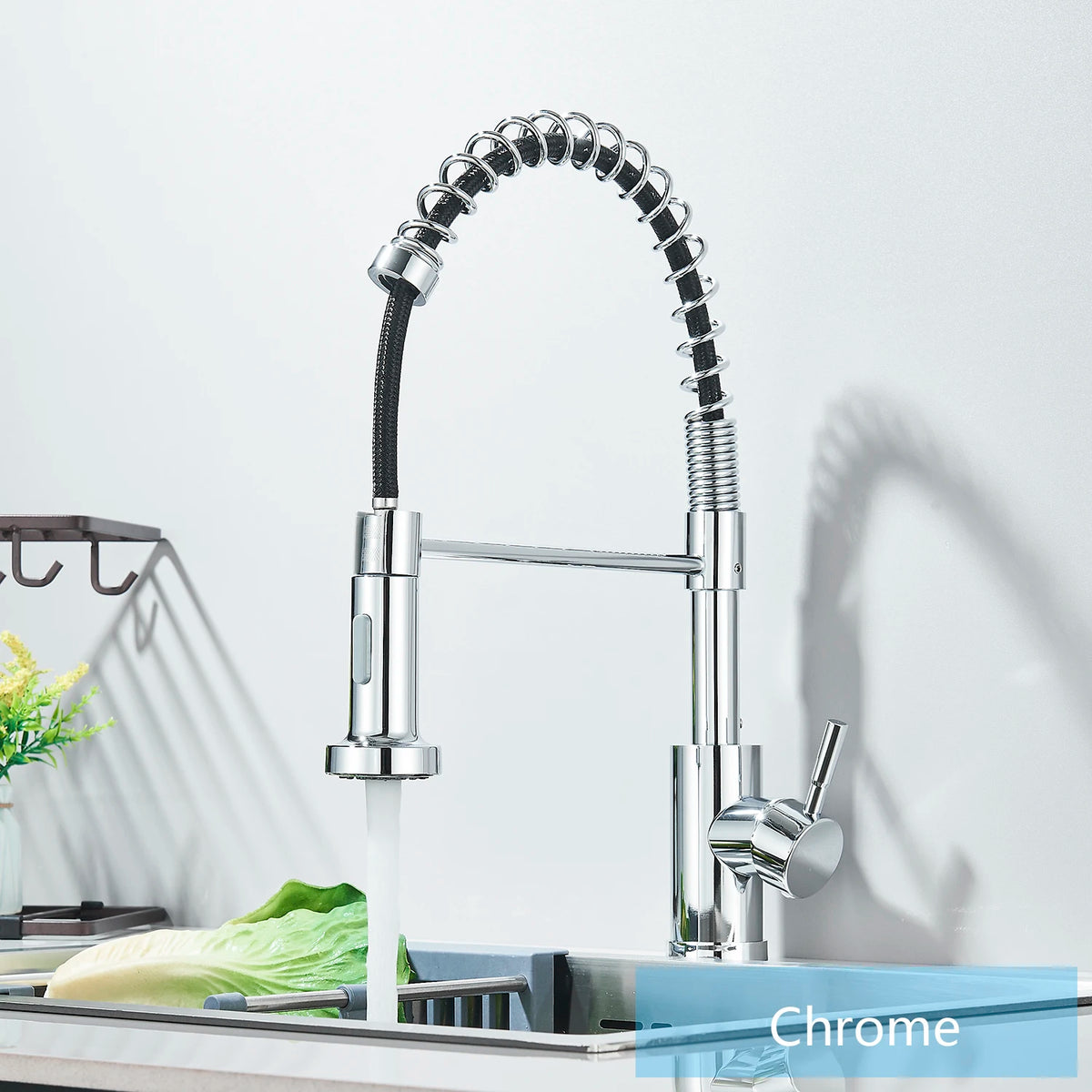 Grifo de cocina de níquel cepillado/negro, monomando, de arco alto, con rociador extraíble y manivela, en acero inoxidable