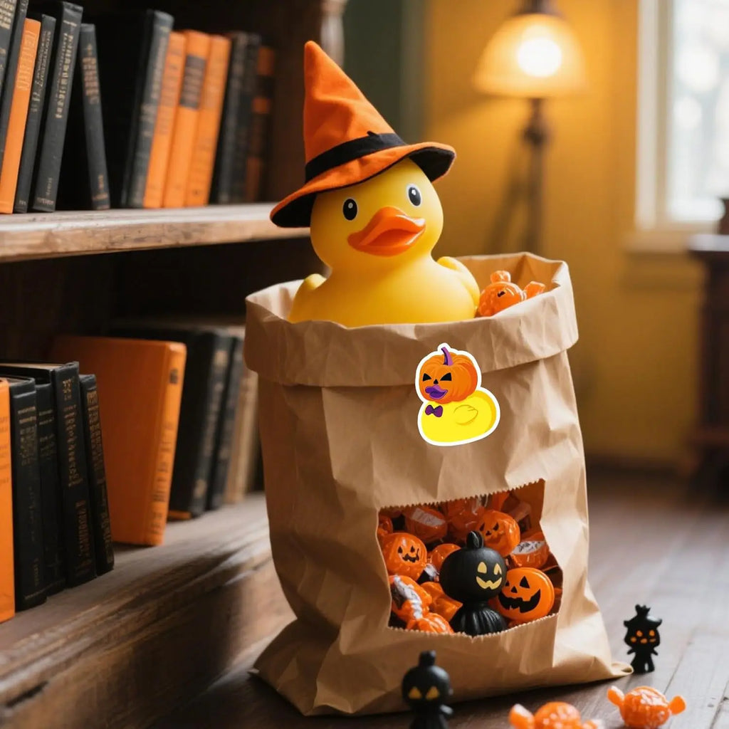 500 Stück Halloween Gummi-Enten Rollenaufkleber Lustige Cartoon-Enten Etiketten für Umschläge, Scrapbook, Süßes oder Saures Partyzubehör