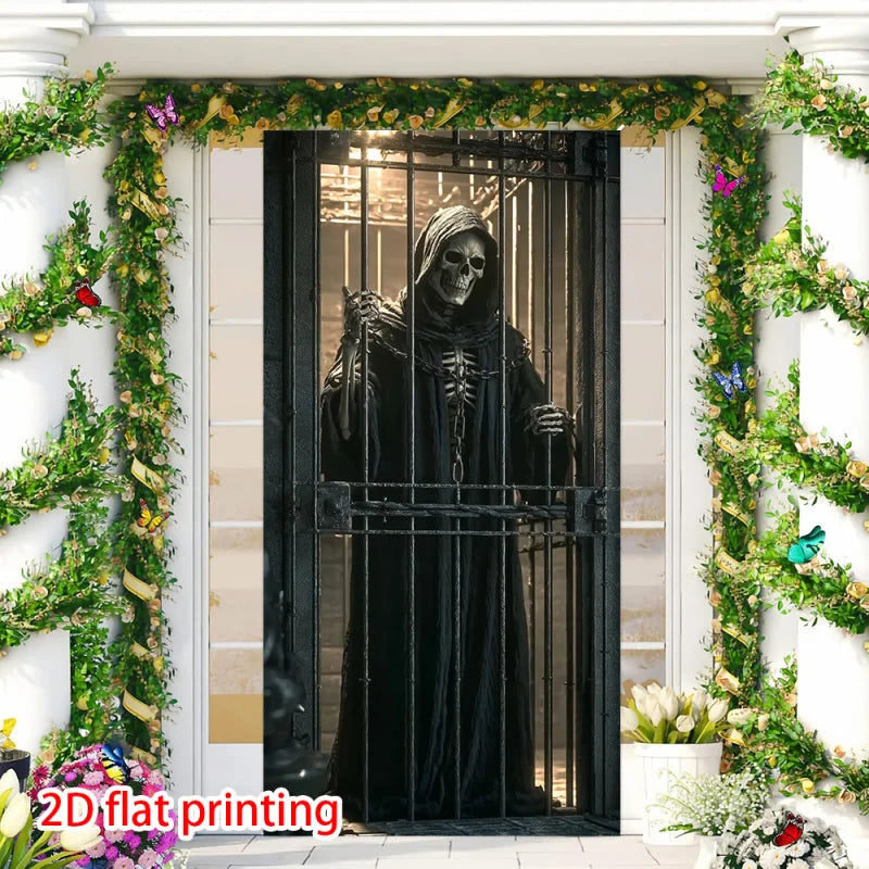 1pc, 2Dflat, Gothic Death Curtain - Skull and Cage Decoration, Suitable for Halloween Parties, Indoor/Outdoor Use, wsj