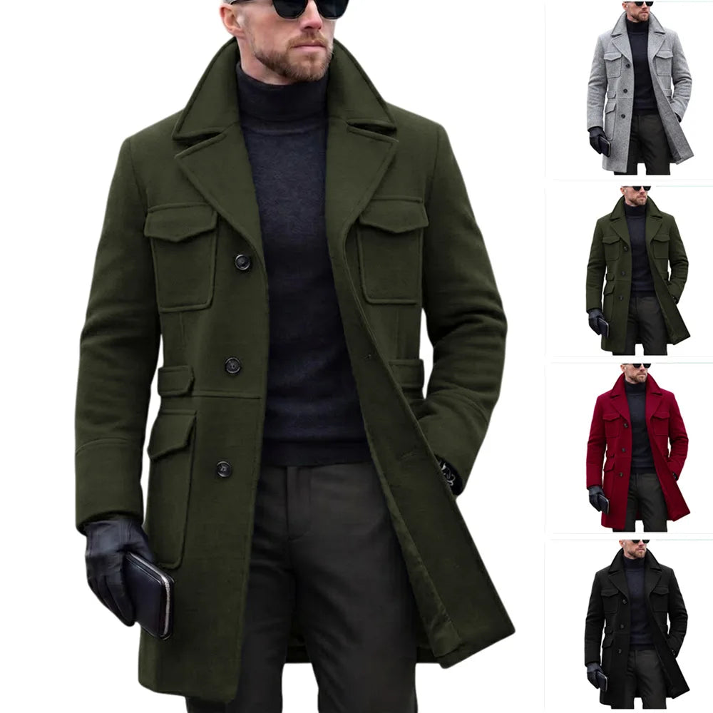 Wool Blends Coat Men Single Breasted Lapel Mid Length Trench Overcoat Formal Work Y2k Streetwear Jacket Pockets Autumn Winter