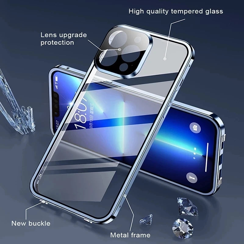 360 Full Protection Metal Magnetic Double Sided Glass Snap Lock Case For iPhone 18 17 16 15 14 13 Pro Max Lens Protection Cover
