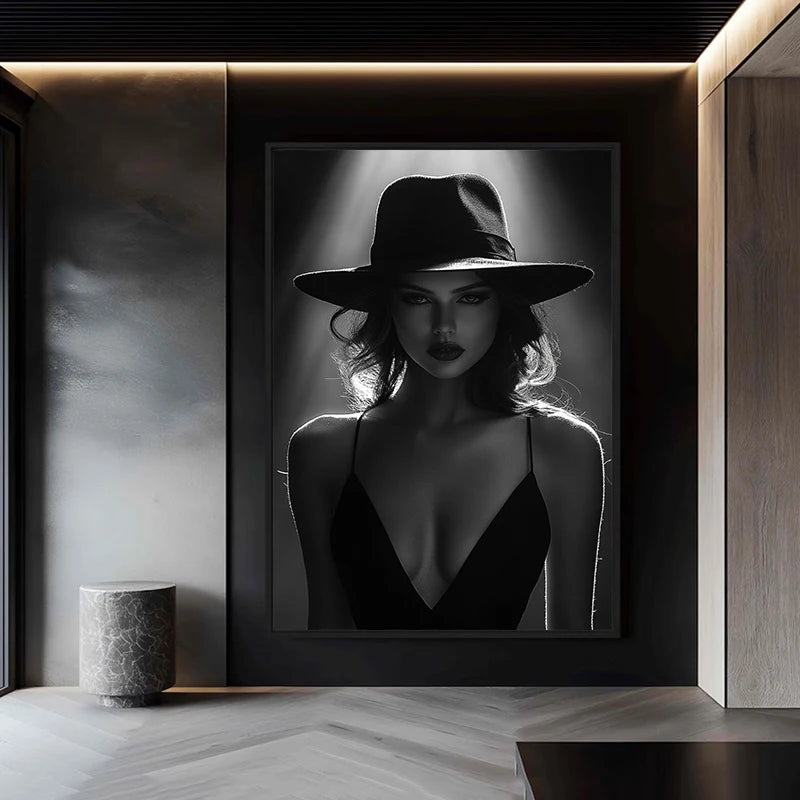 Affiche et impression sur toile d’une élégante femme en noir et blanc portant un chapeau, tableau mural et décoration d’intérieur, cuadros