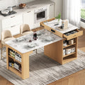 Rollbare Kücheninsel mit ausziehbarem Esstisch und abnehmbarer Tischplatte, Bartisch mit Steckdosenleisten, Mehrzweckmöbel als Kücheninsel, Buffet, Sideboard oder Bartisch für Küche und Esszimmer, Natur