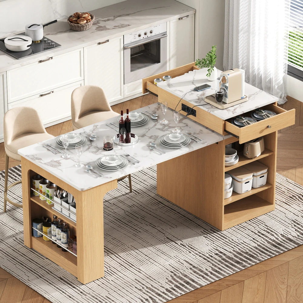 Rollbare Kücheninsel mit ausziehbarem Esstisch und abnehmbarer Tischplatte, Bartisch mit Steckdosenleisten, Mehrzweckmöbel als Kücheninsel, Buffet, Sideboard oder Bartisch für Küche und Esszimmer, Natur