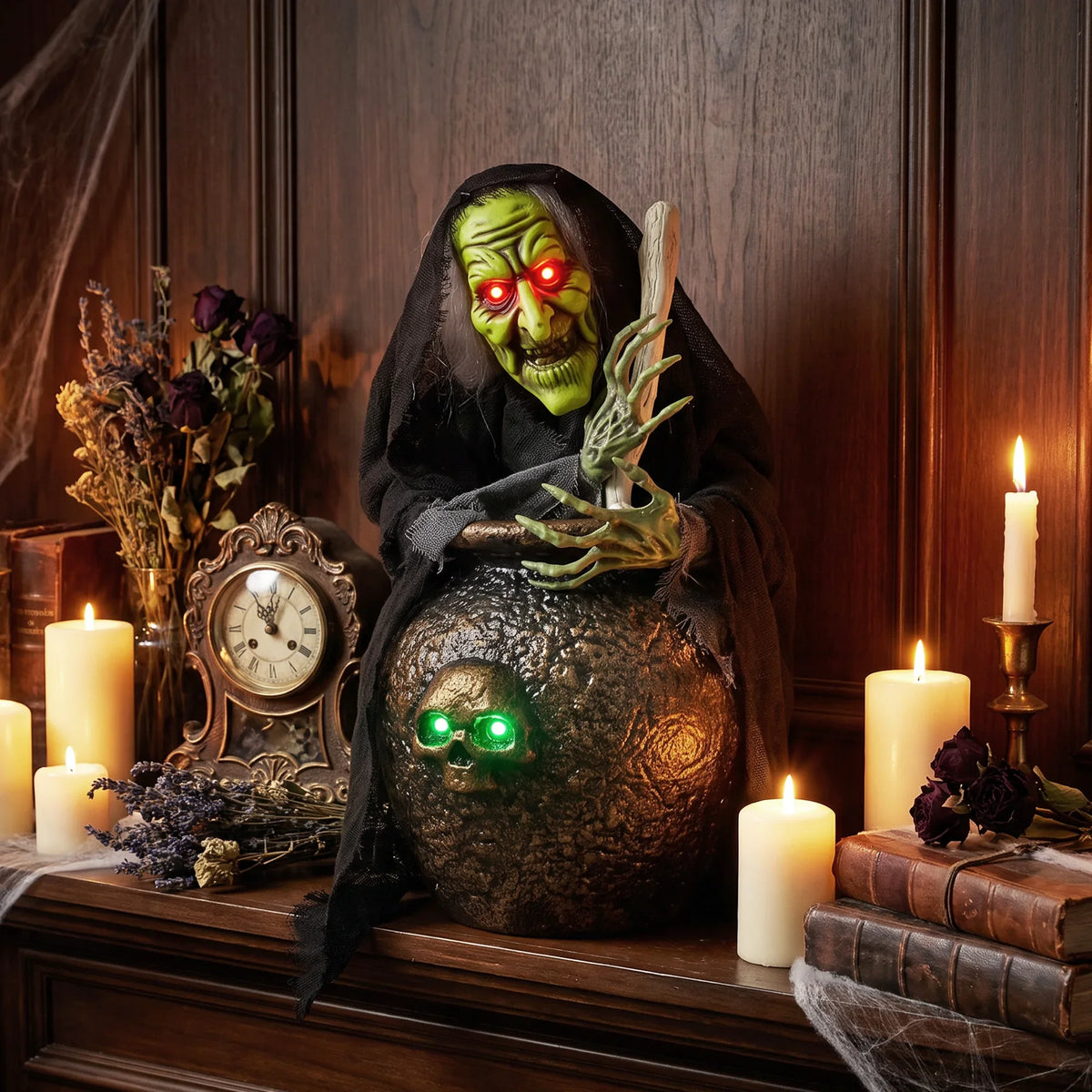 47cm Animated Halloween Witch with Stirring Cauldron, Sound and Touch Activated Tabletop Decoration with Red and Green LED Lights, Creepy Cackling Witch Prop for Indoor Party, Mantel, Shelf, Kitchen Counter and Haunted House