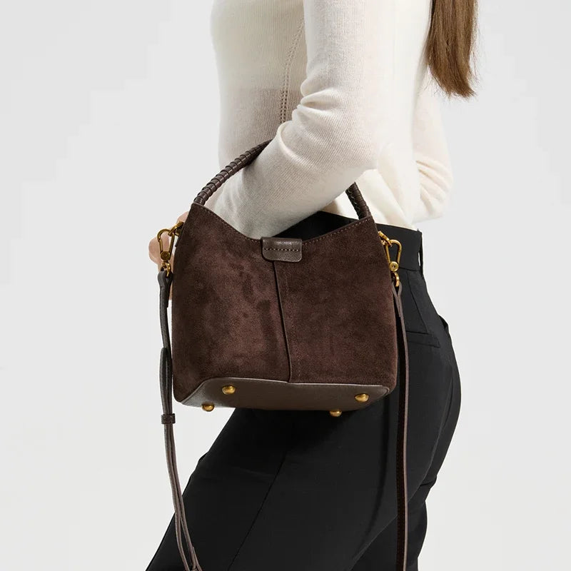 Luxury Designer Genuine Suede Cowhide Women Bucket Handbag Braided Woven Top Handle Real Leather Hobo Bag Ladies Shoulder Purse