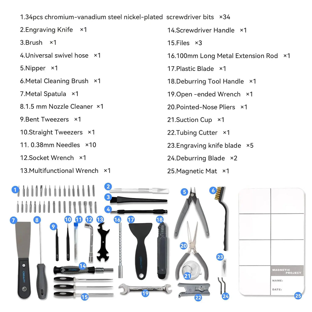 Creality 3D-Druck-Werkzeug-Set Warp Kit 74-teilig, umfassendes 3D-Druck-Werkzeugset für den Zusammenbau von 3D-Druckern, die Reinigung von Düsen und die Entfernung von Modellen